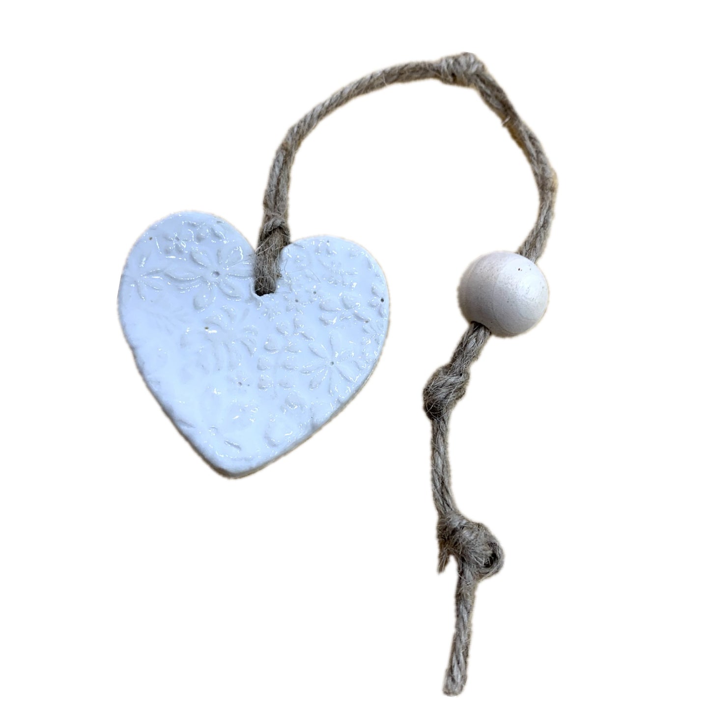 EARTH BY HAND- Clay Heart Decorations- White Embossed & Single Bead