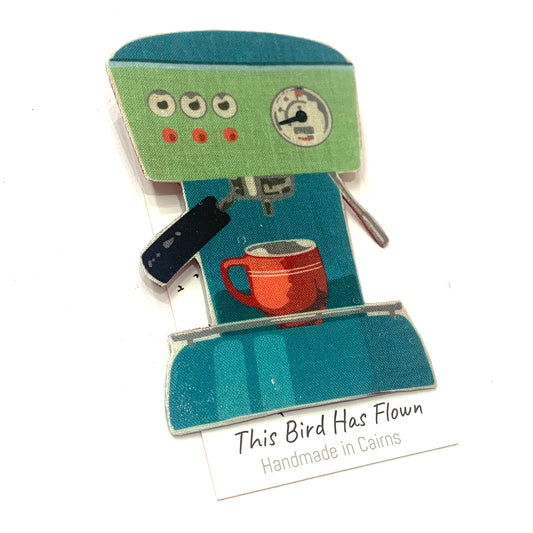 THIS BIRD HAS FLOWN- Fabric Remnant Brooches- Retro Coffee Machine