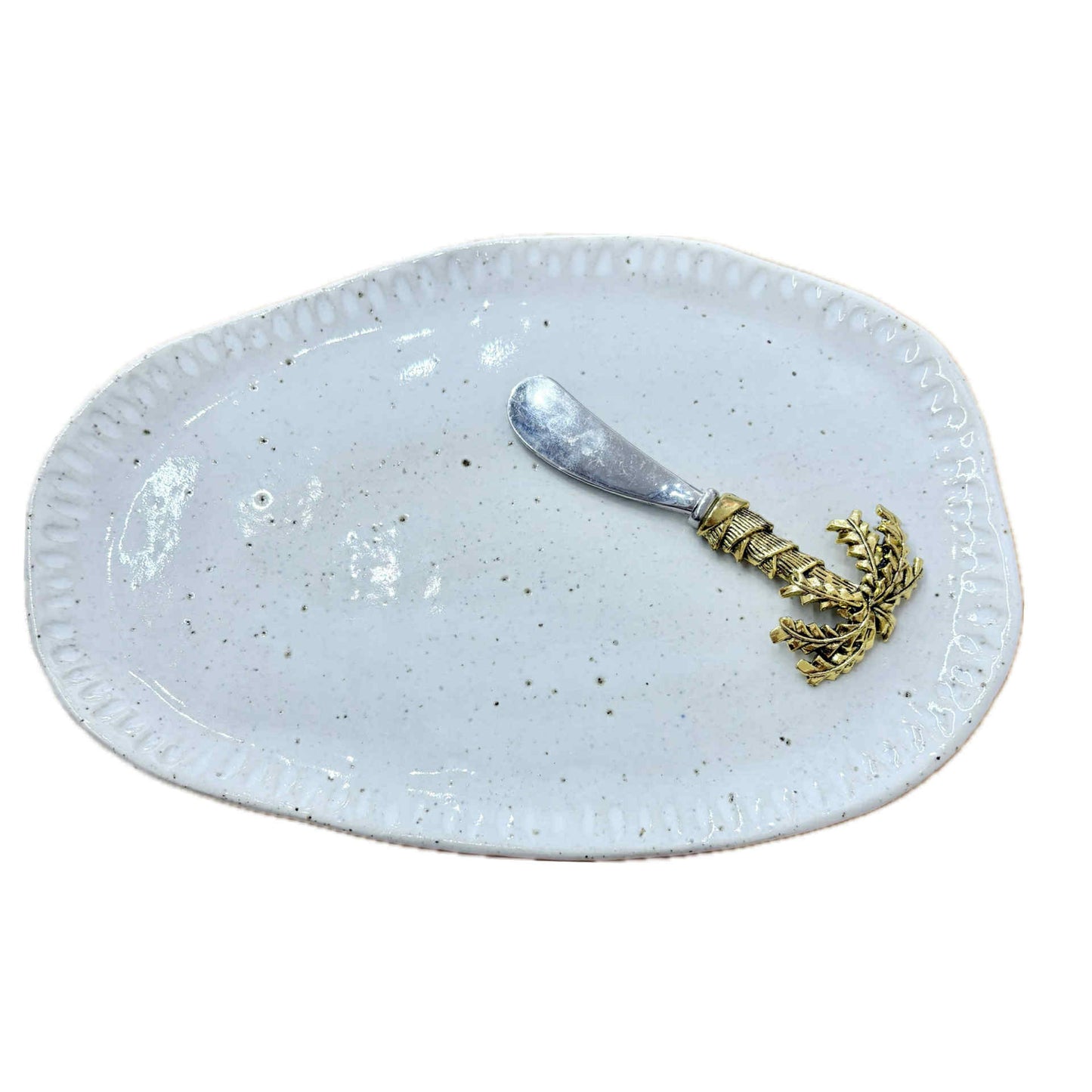 EARTH BY HAND- Hand Built White Oval Platter & Cheese Knife