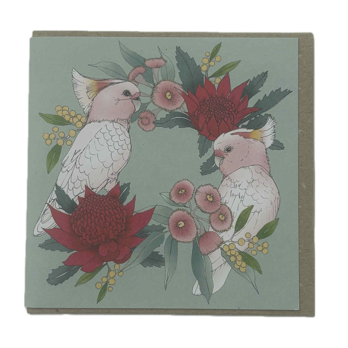 EARTH GREETINGS- Boxed Christmas Cards (Square) - Pink Cockatoo Wreath