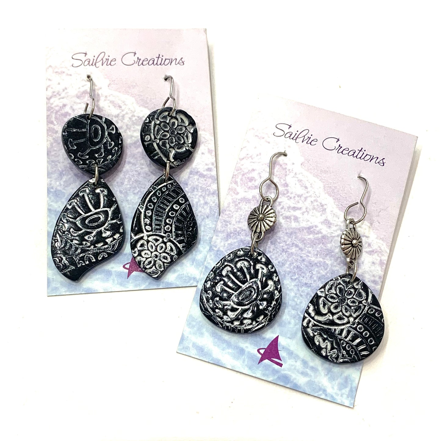 Sailvie Creations - Double Printed Black & Silver Hook Dangle Earrings
