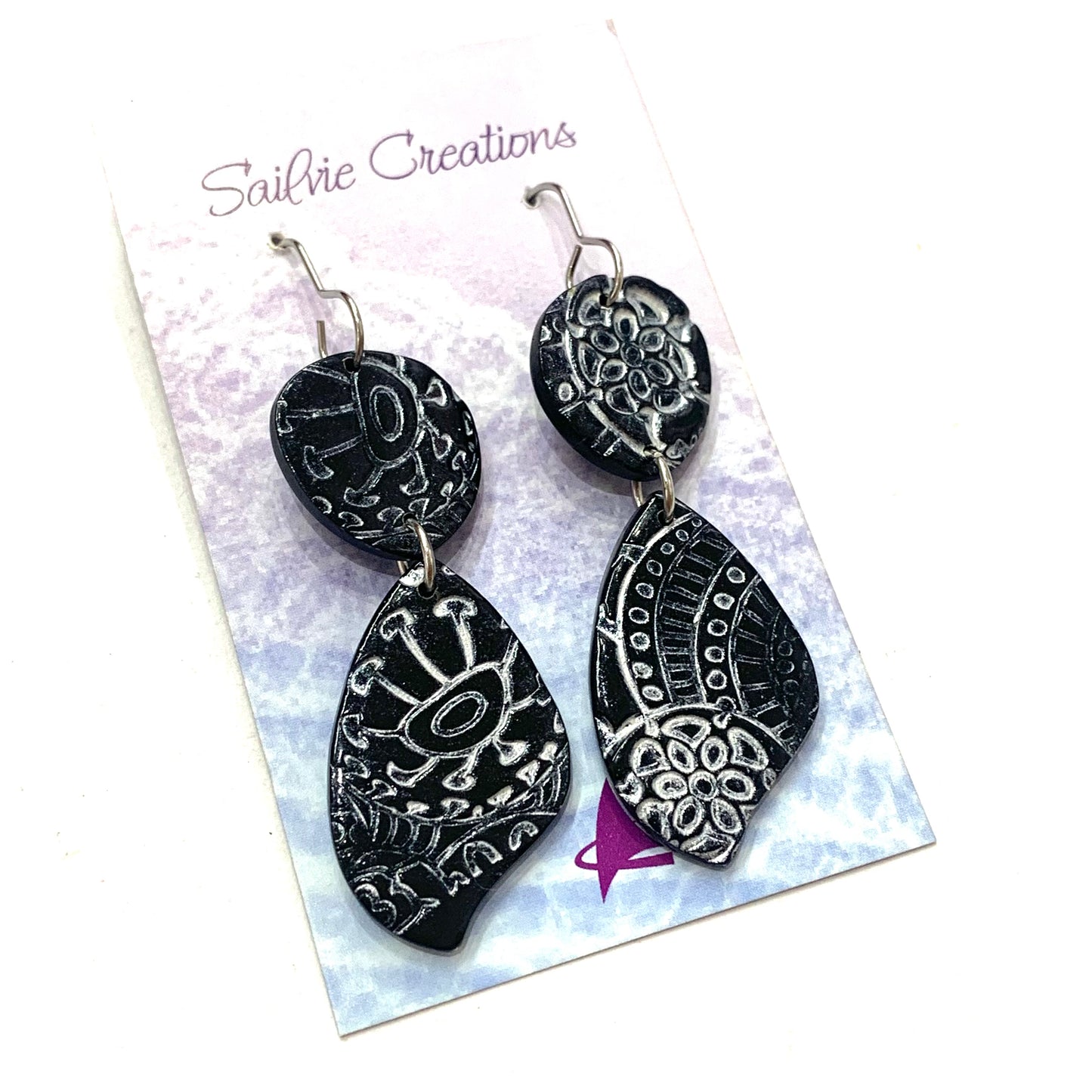 Sailvie Creations - Double Printed Black & Silver Hook Dangle Earrings