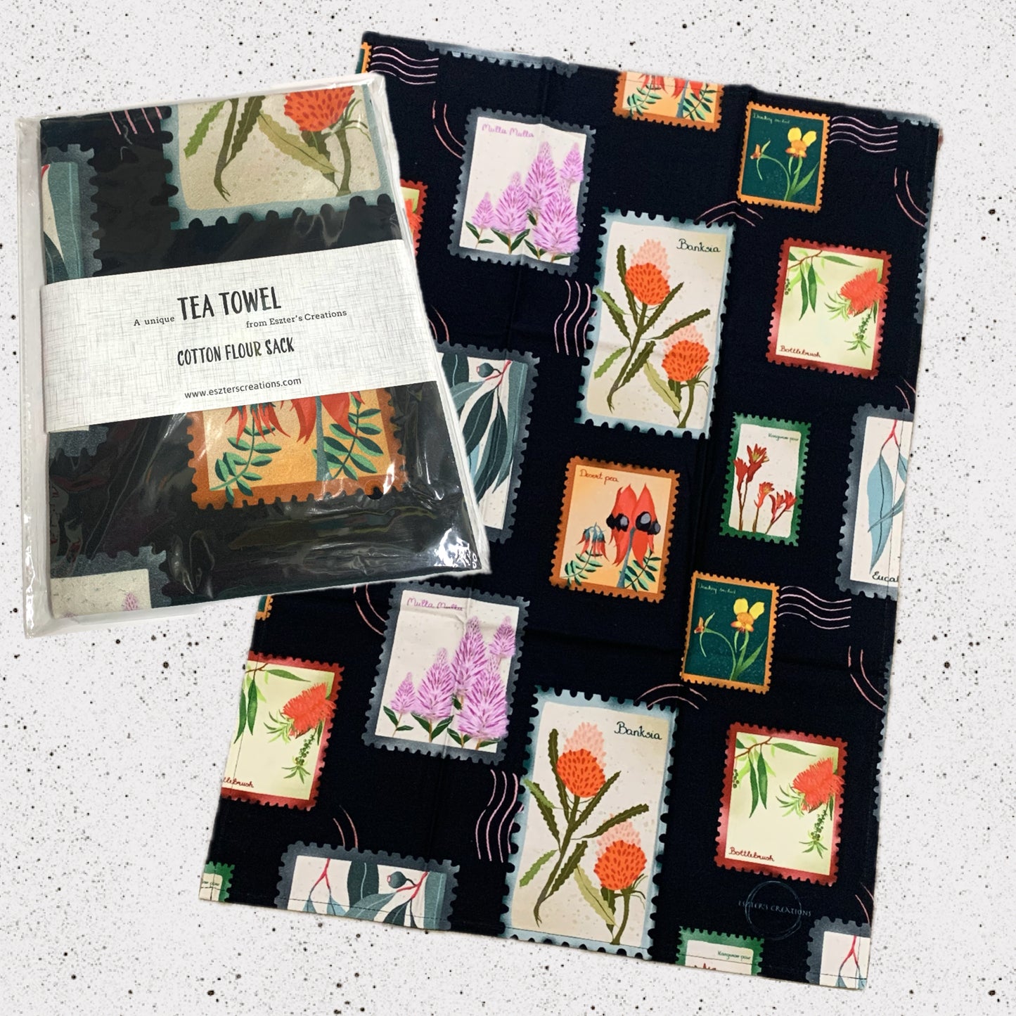 ESZTER'S CREATIONS - "Australian Wildflower Stamp Black"- Tea Towel