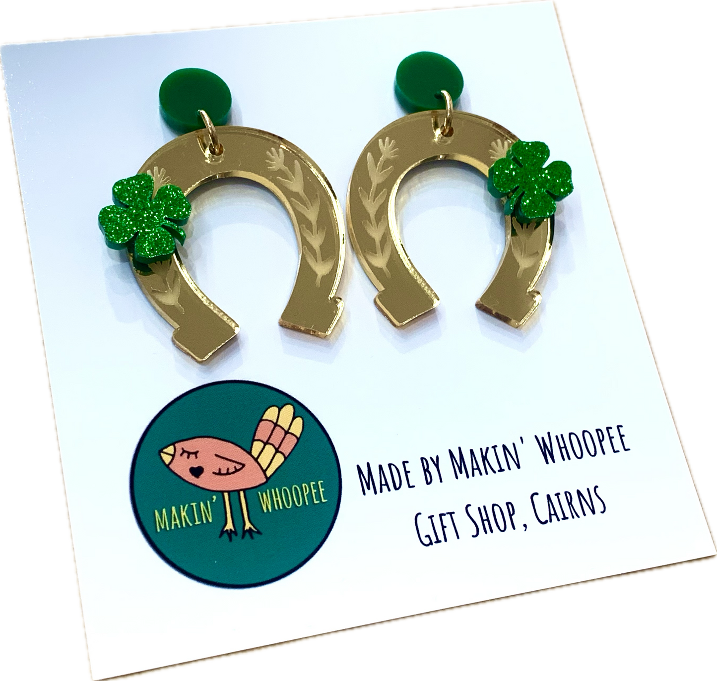 MAKIN' WHOOPEE - Lucky Horseshoe & 4 Leaf Clover Dangle Earrings