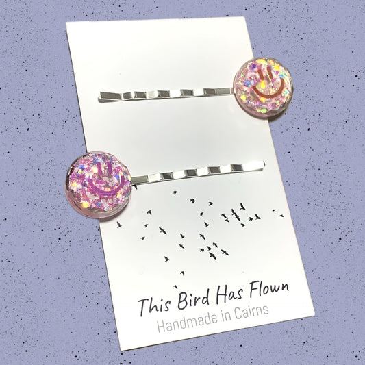 THIS BIRD HAS FLOWN - "Smiley Hairclips"- Peach & Pink
