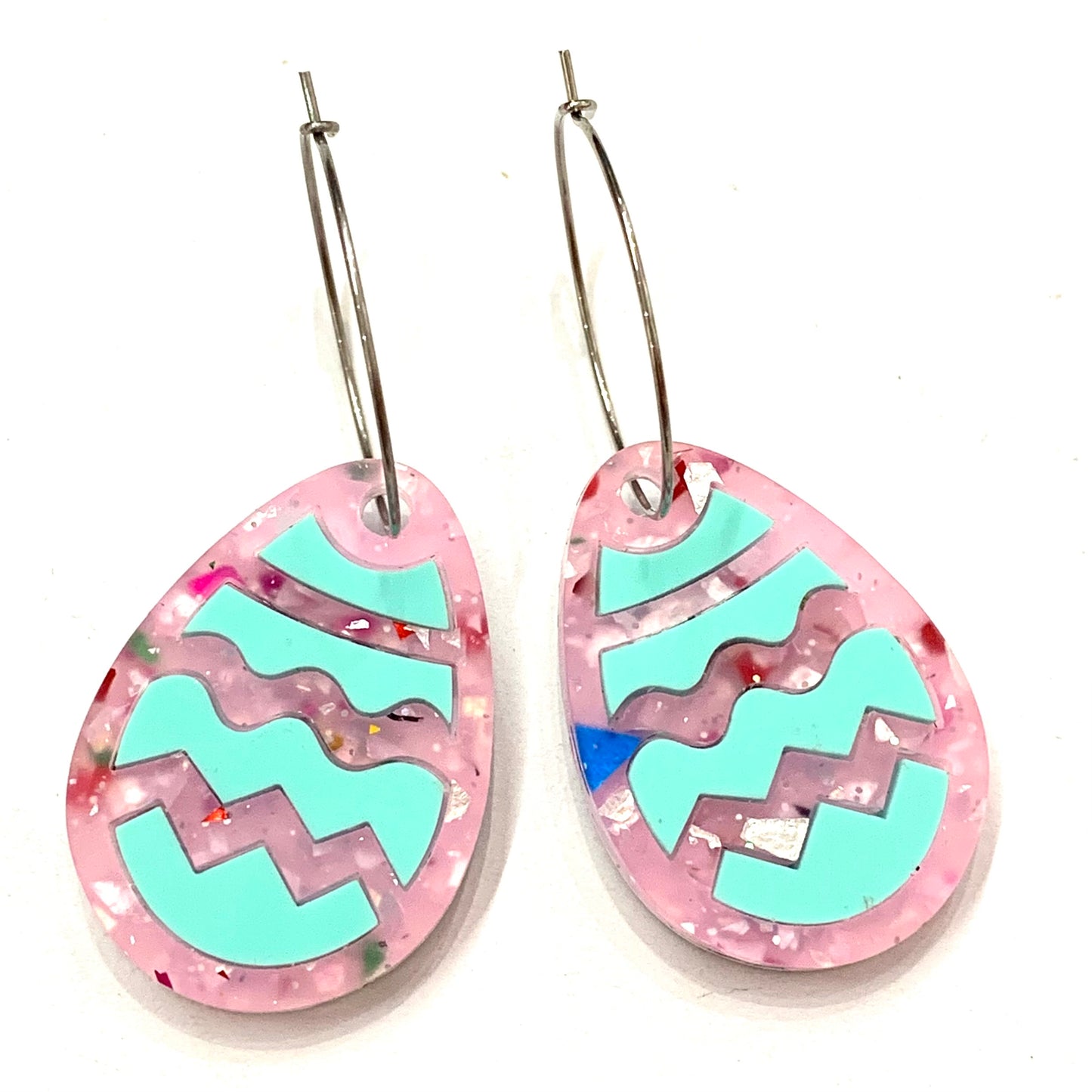 MAKIN' WHOOPEE - "Stacked Easter Egg" HOOP DANGLE EARRINGS - Pink & Mint