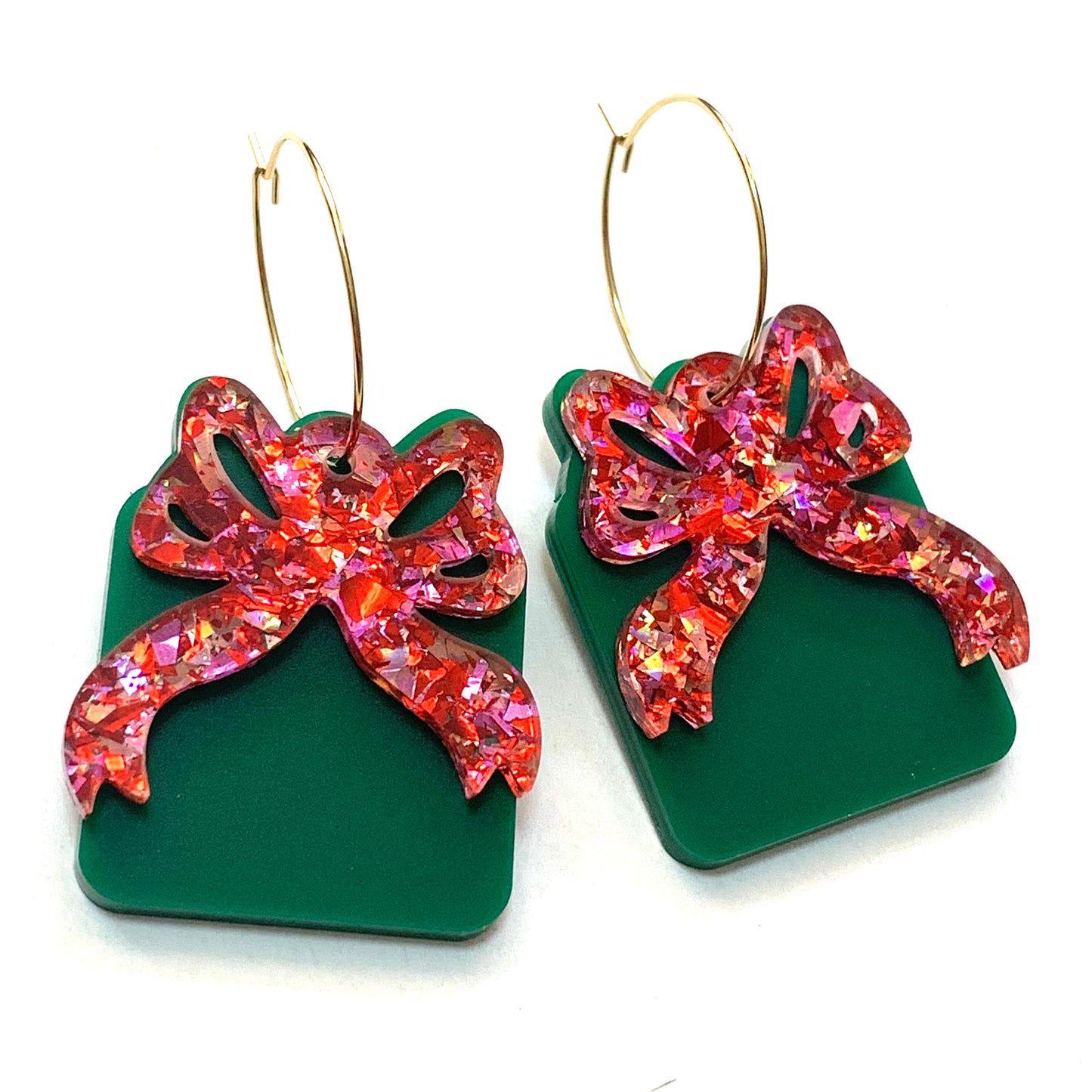 MAKIN' WHOOPEE - Large “Ribbons & Bows” CHRISTMAS HOOP DANGLES- Green & Pinks