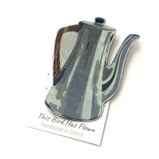 THIS BIRD HAS FLOWN- Fabric Remnant Brooches- Retro Silver Coffee Pot