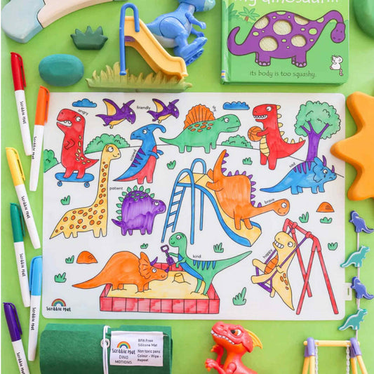 SCRIBBLE MAT- ORIGINAL- Dino Motions Reusable Scribble Mat- 6 Pens