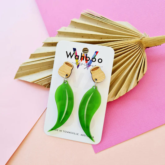 WAHBOO- Gumnut & Leaf Stud Dangle Earrings