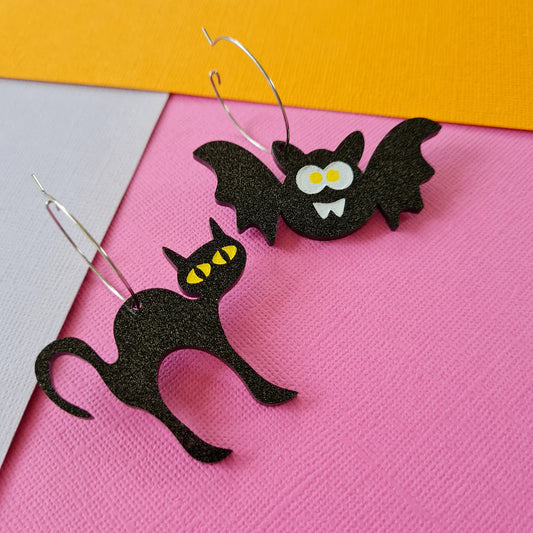 WAHBOO- Halloween Black Glitter Cat and Black Glitter Bat on Hoops - Earrings