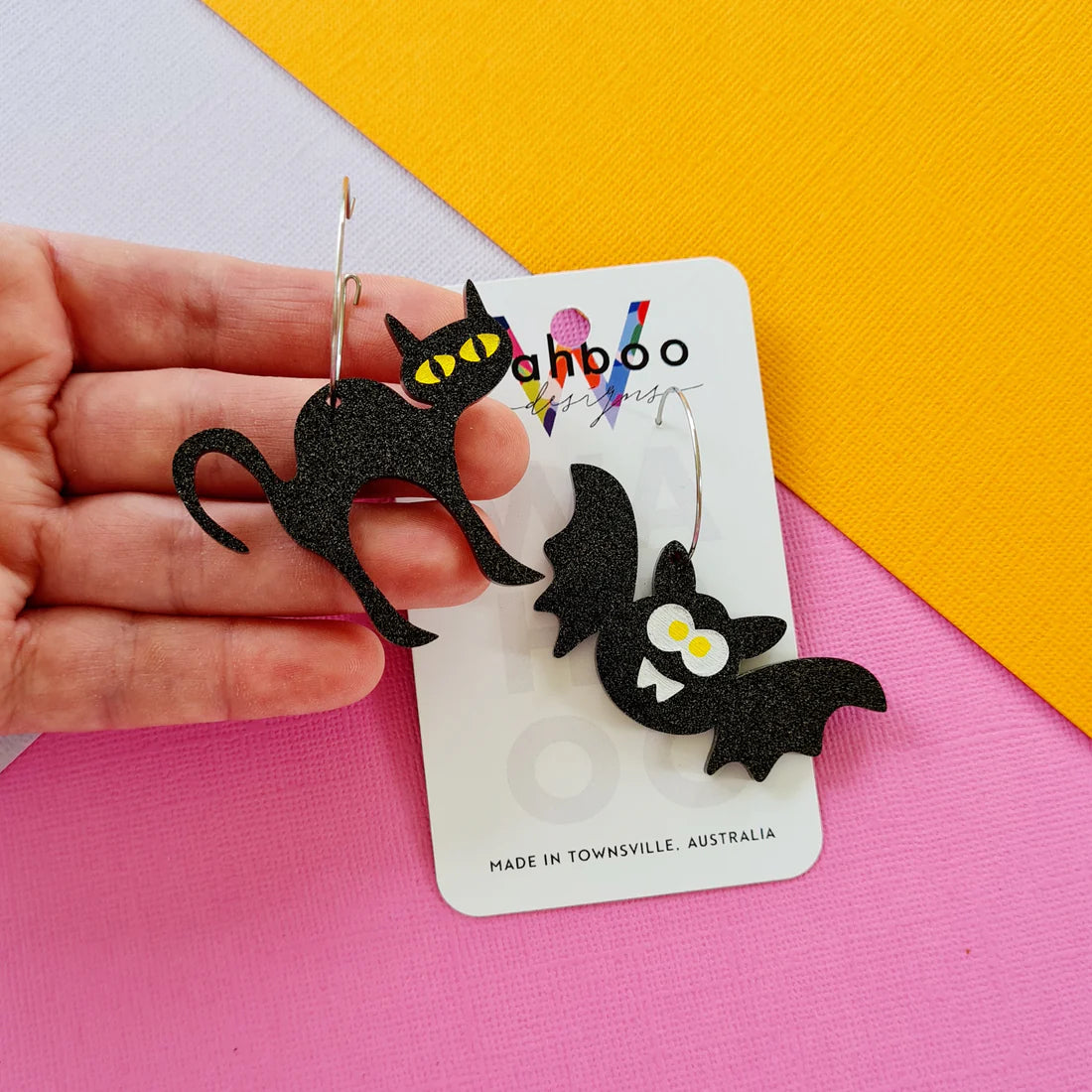 WAHBOO- Halloween Black Glitter Cat and Black Glitter Bat on Hoops - Earrings