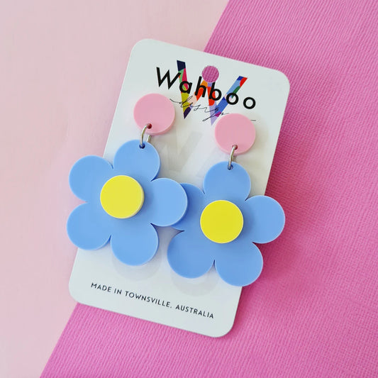 WAHBOO- Bubble Flower Dangle Earrings -Blue flower and pink top and yellow centre