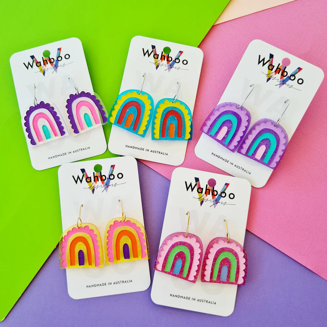 WAHBOO- Rainbow Arches Dangle Earrings - Pink Fairy Dust with Pink, lime and light blue