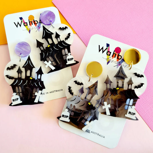 WAHBOO- Halloween Haunted House Dangle Earrings - black House Purple Tops
