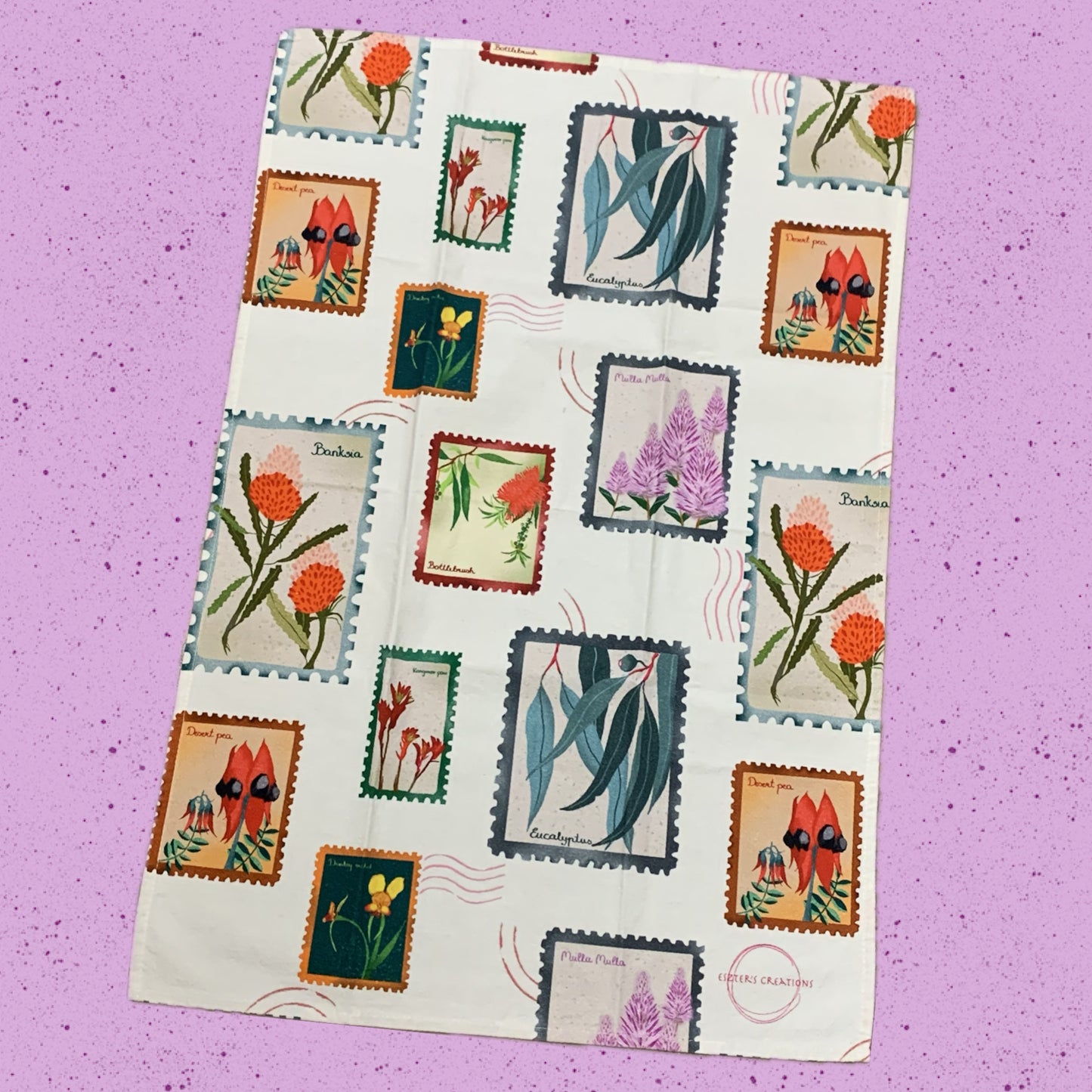 ESZTER'S CREATIONS - "Australian Wildflower Stamp White"- Tea Towel