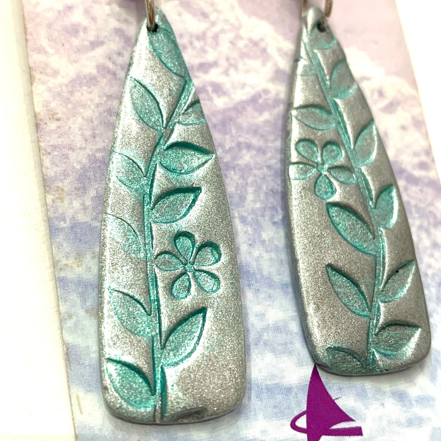 Sailvie Creations - Printed Silver & Blue Wedge Ball Stud Dangle Earrings