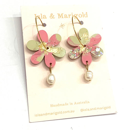 Isla & Marigold- Flower Drop Hoop Earrings- Life is Peachy
