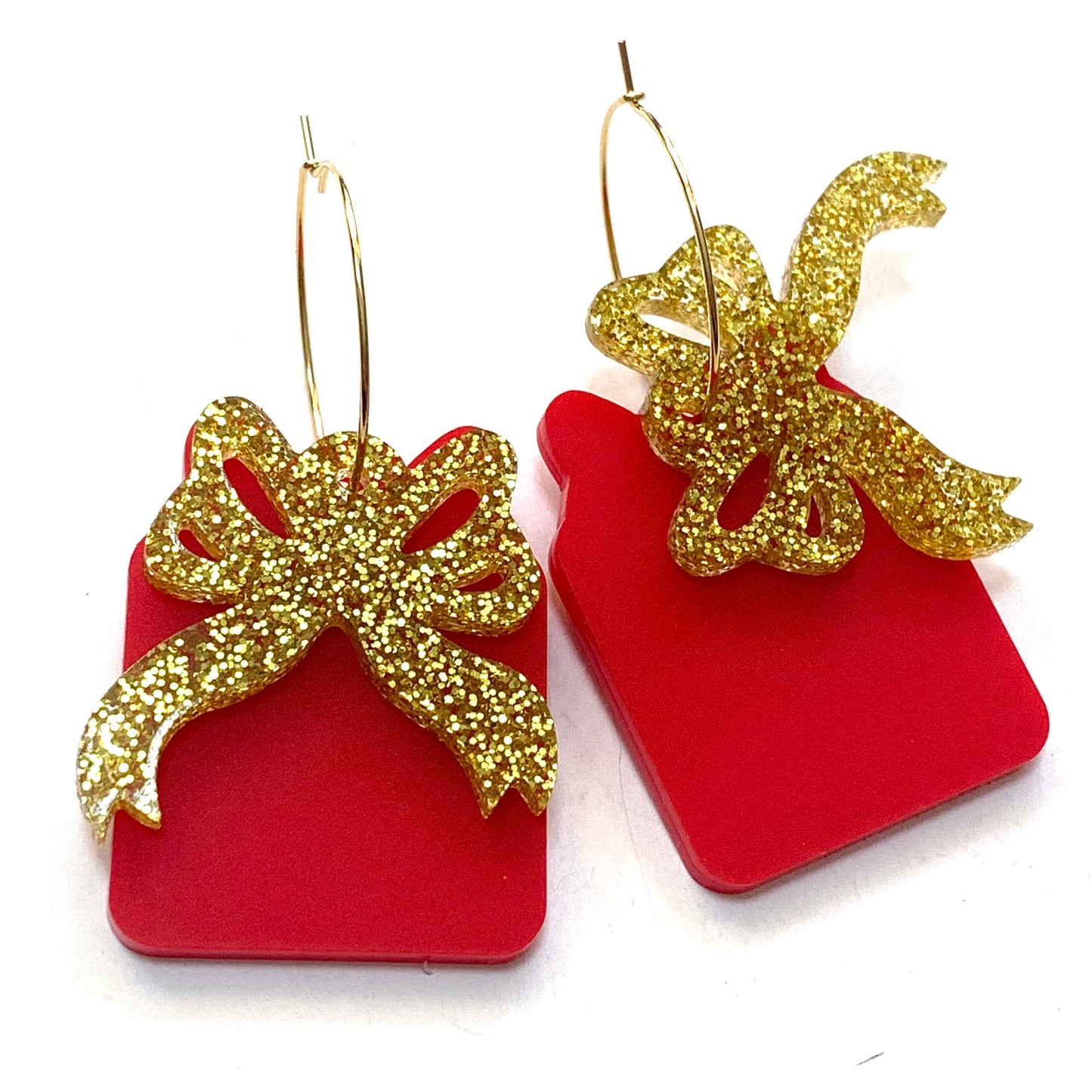 MAKIN' WHOOPEE - Large “Ribbons & Bows” CHRISTMAS HOOP DANGLES- Red & Gold