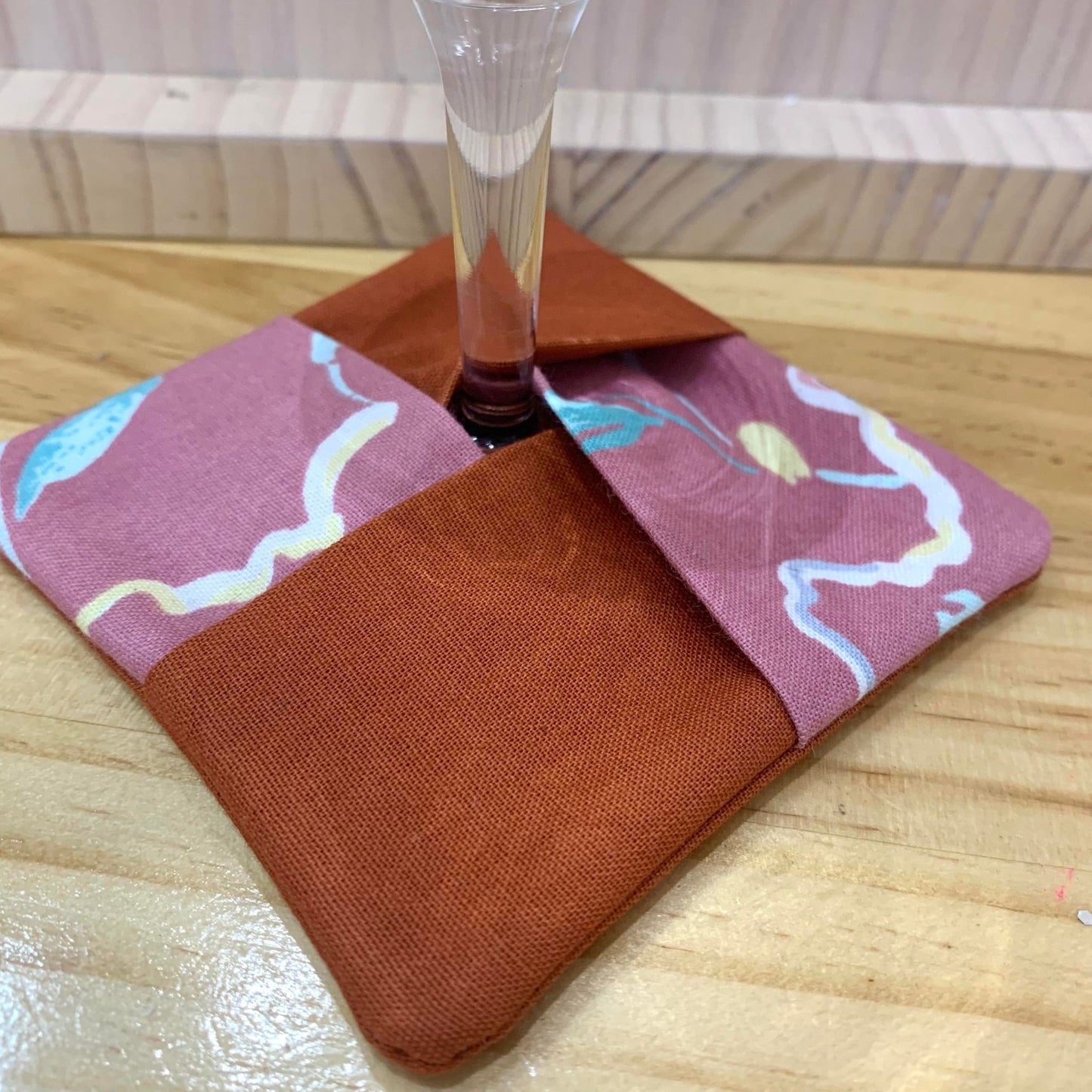 MUMMA WHOOPEE- single  WINE GLASS SLIPPER/COASTERS- Orange Gingham