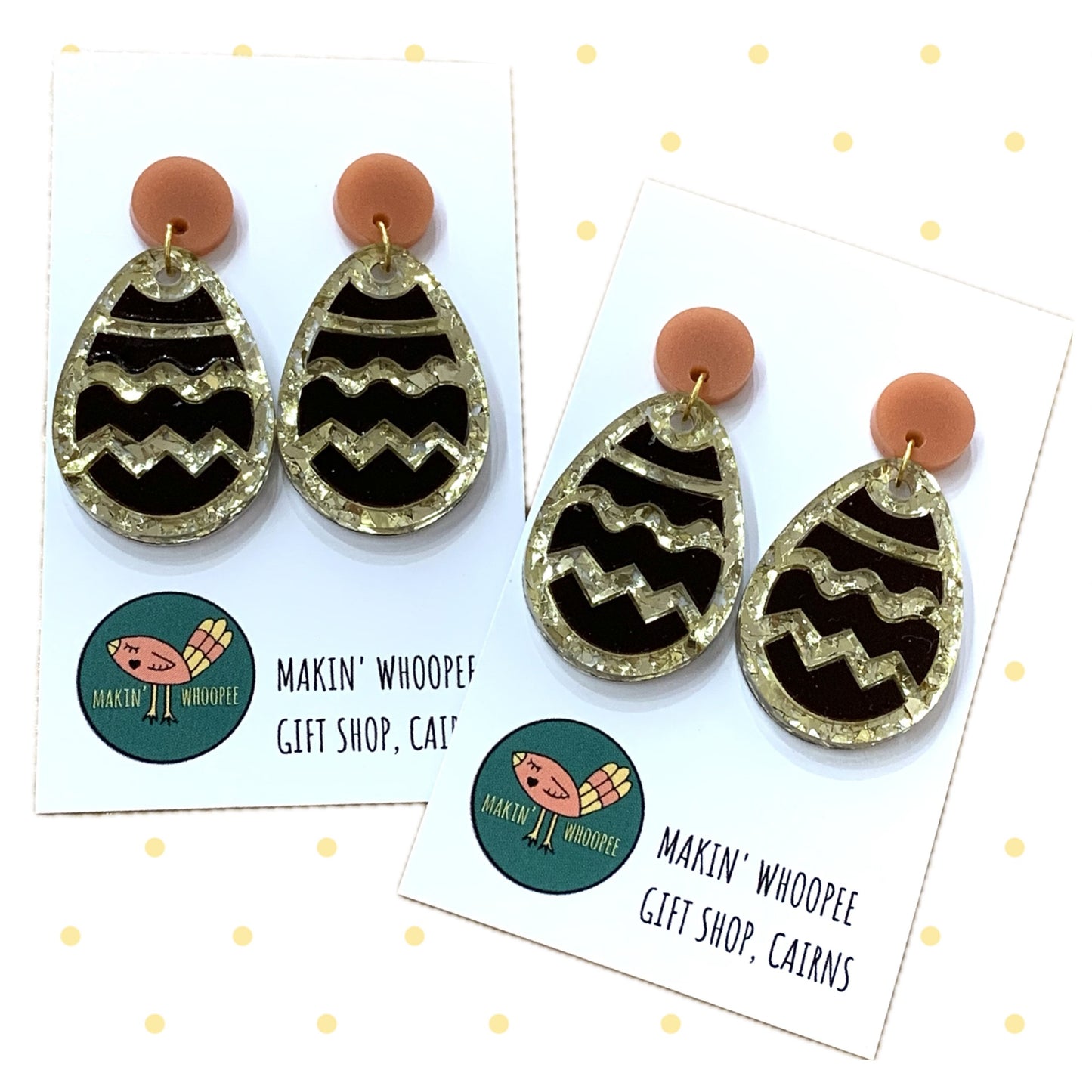 MAKIN' WHOOPEE - "Stacked Easter Egg" STUD DANGLE EARRINGS - Chocolate & Gold
