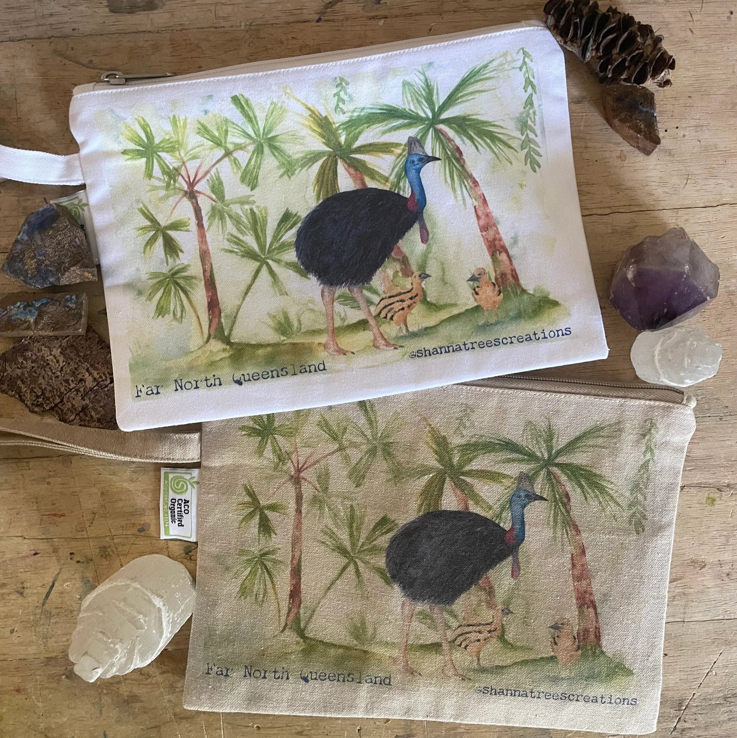 Shanna Trees Creations- "Cassowary & Chicks" Organic Cotton Zip Pouches- Natural