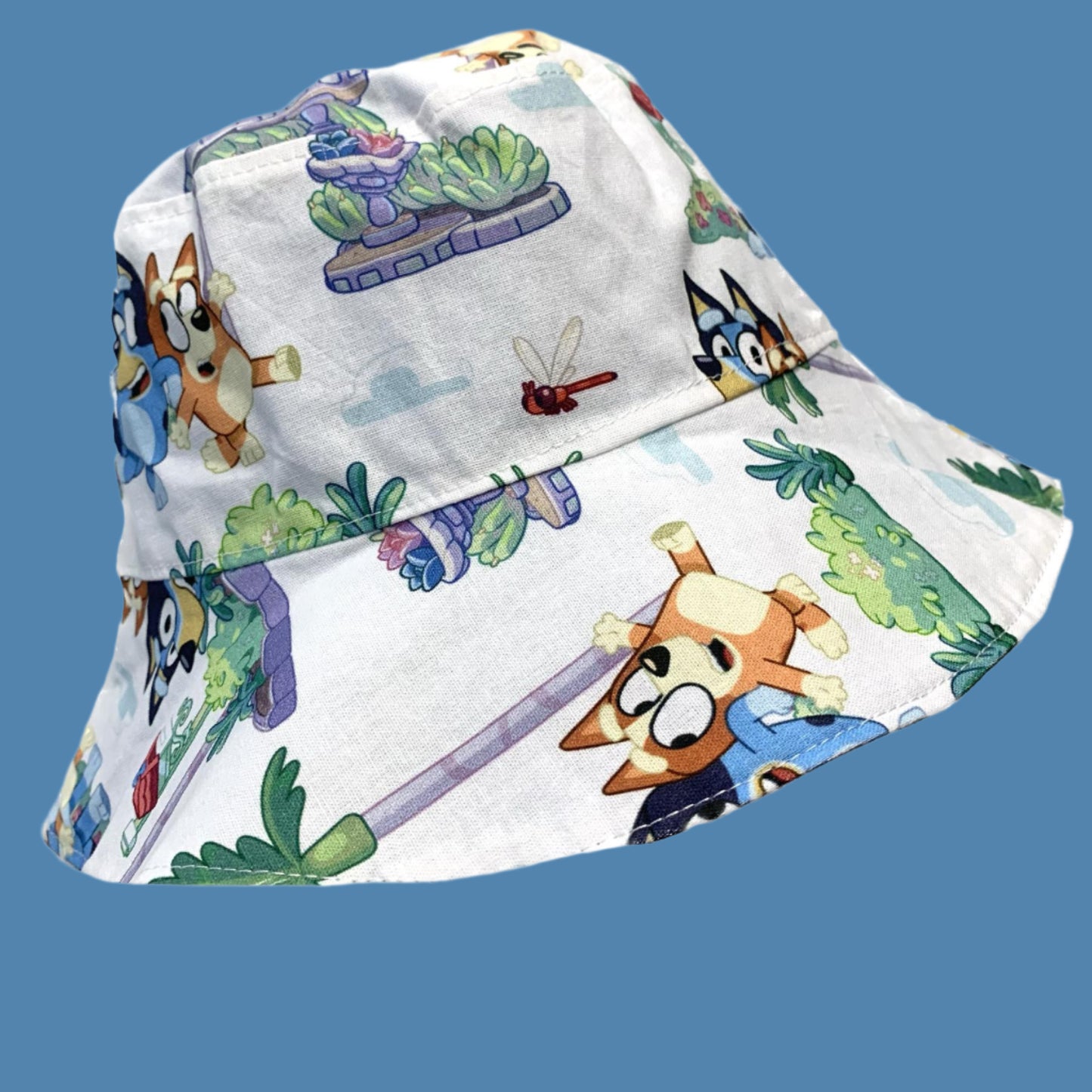 Teacups n Quilts- Bluey & Bingo White Fabric Hat- Kids Size Large