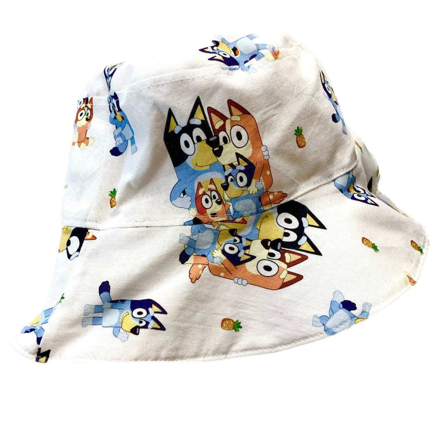 Teacups n Quilts- White Bluey Family Fabric Hat (Pineapples) - Kids Size Medium with Chin Strap