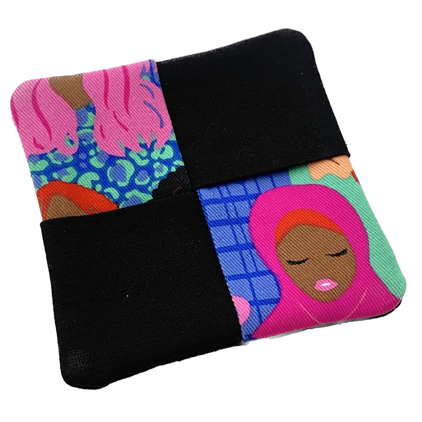 MUMMA WHOOPEE- SINGLE WINE GLASS SLIPPER/COASTERS- Diverse Faces & Black