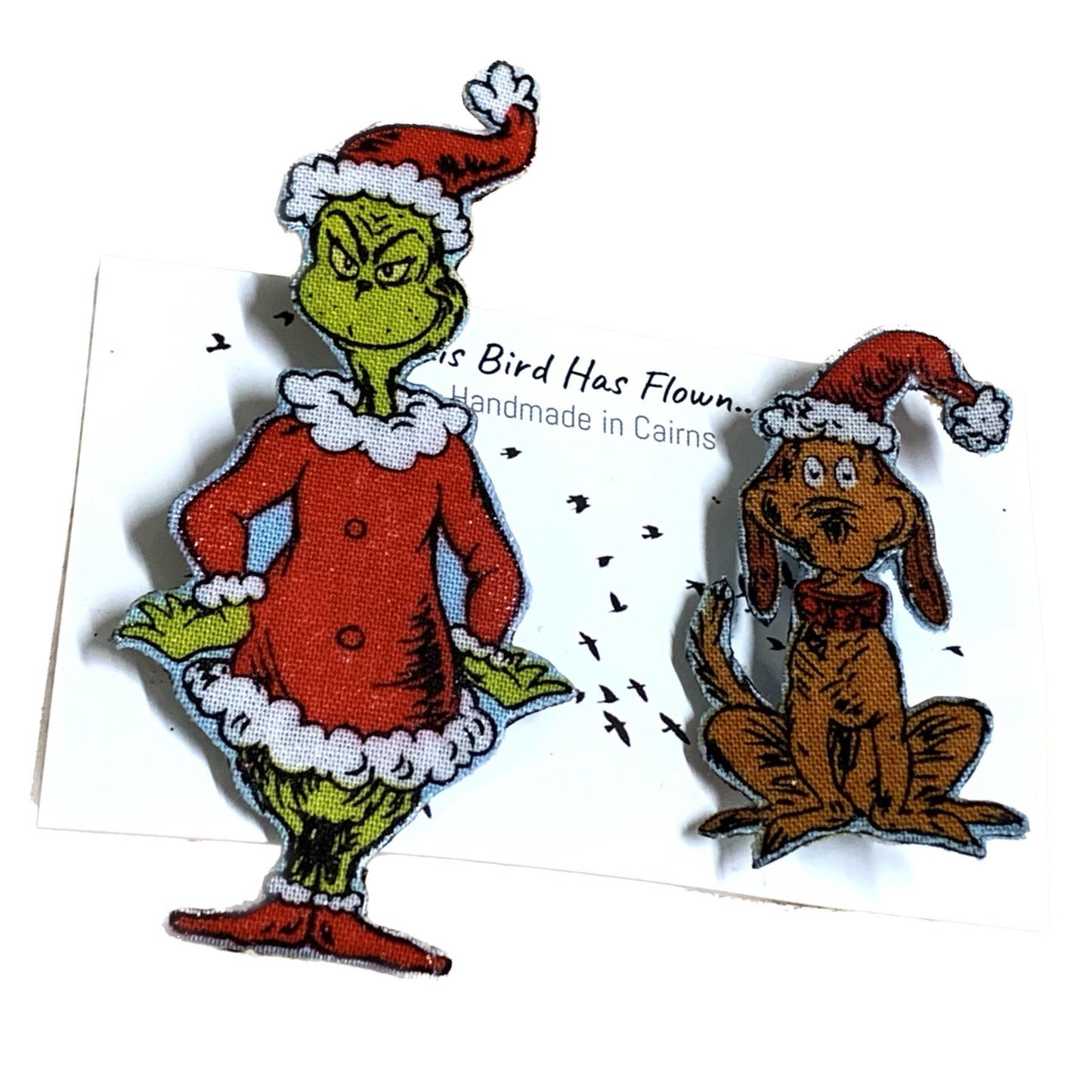 THIS BIRD HAS FLOWN- "The Grinch & Max" Fabric Remnant Christmas Brooch Pair