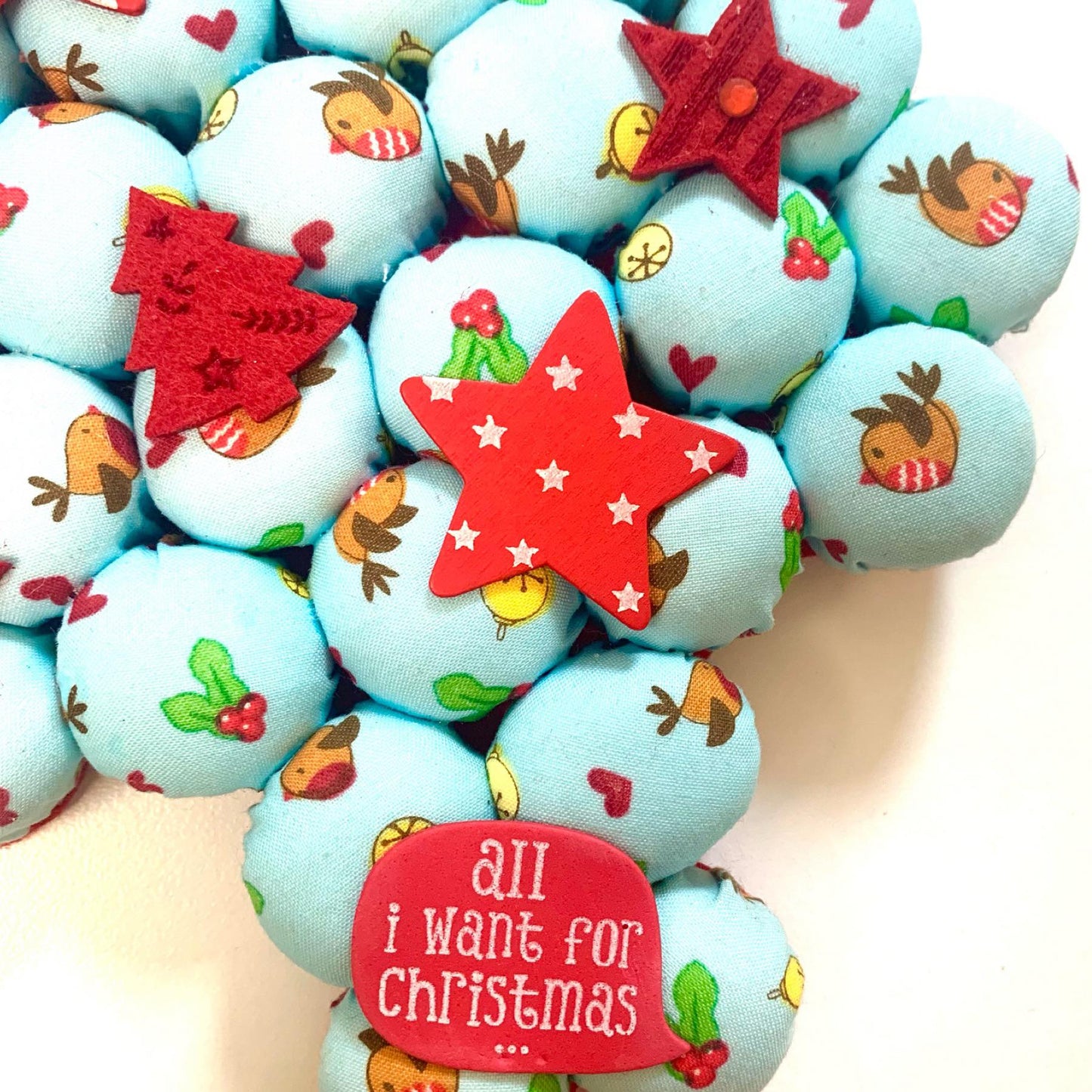 MAKIN' WHOOPEE- Small Bottle Top Christmas Tree Wall Hanging- Blue & Red