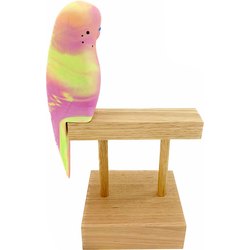 PETE CROMER - RESIN BUDGERIGAR #4 - Neon Lime Green, Purple & Orange Swirl