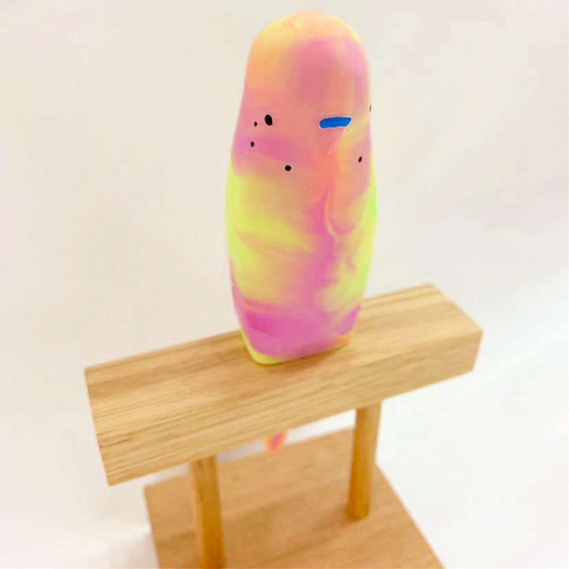 PETE CROMER - RESIN BUDGERIGAR #4 - Neon Lime Green, Purple & Orange Swirl