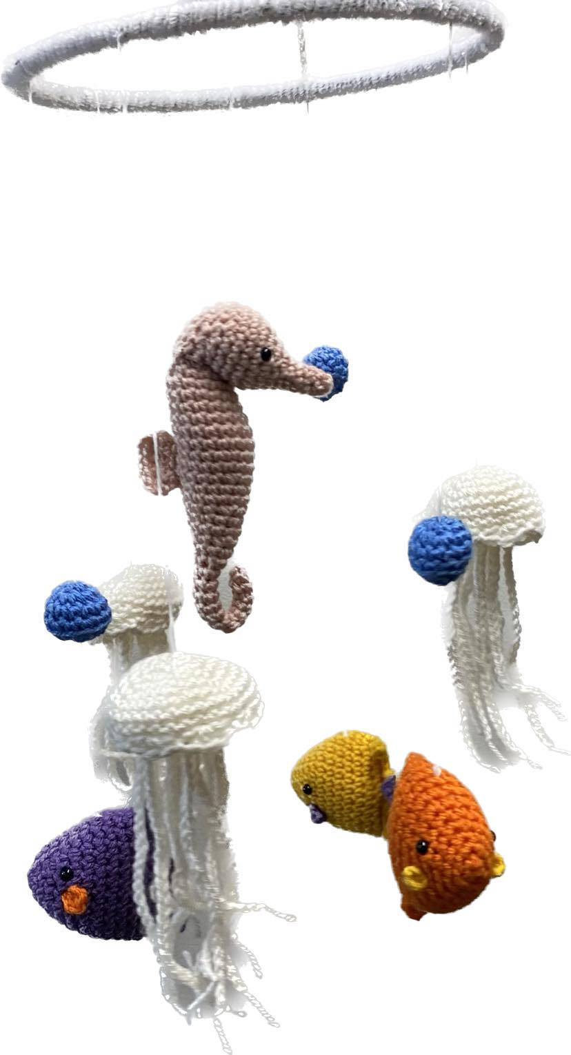 BEAKNITS- CROCHETED UNDER THE SEA MOBILE IN WHITE WITH PINK SEAHORSE