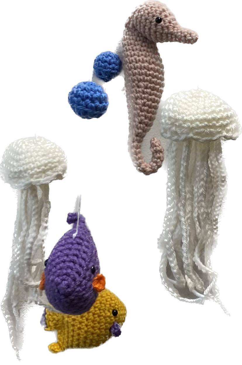 BEAKNITS- CROCHETED UNDER THE SEA MOBILE IN WHITE WITH PINK SEAHORSE