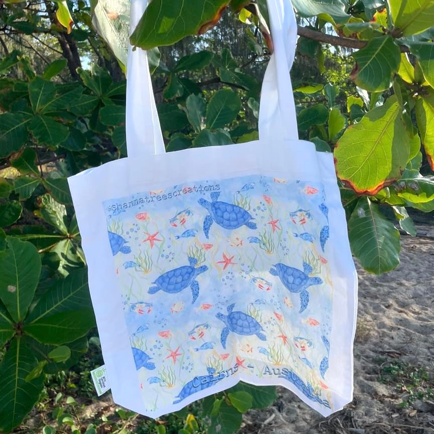 Shanna Trees Creations- "Turtles" Cotton Tote Bag- White