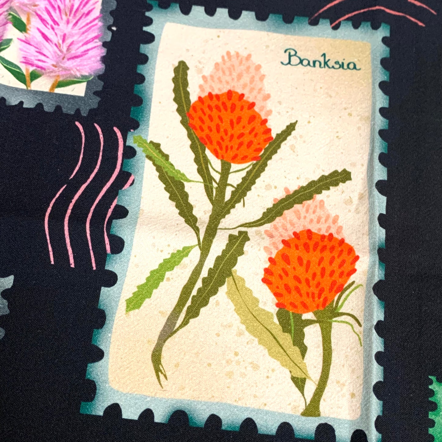 ESZTER'S CREATIONS - "Australian Wildflower Stamp Black"- Tea Towel