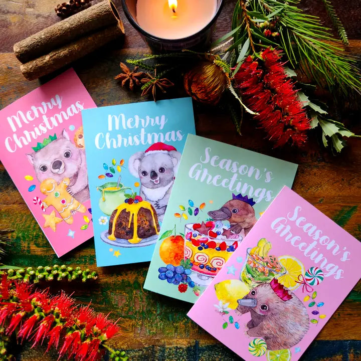 WATERCOLOURS BY CAT- AUSSIE ANIMAL & FOOD CHRISTMAS CARDS- Platypus & Trifle
