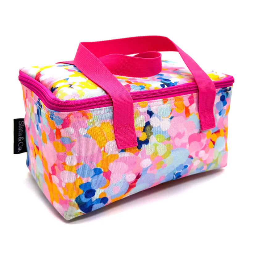 Colorful floral-patterned cooler bag with pink handle on a white background