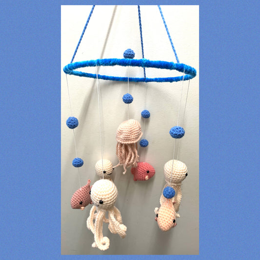 BEAKNITS- CROCHETED UNDER THE SEA MOBILE #2- Blue Ring with all Pink Creatures
