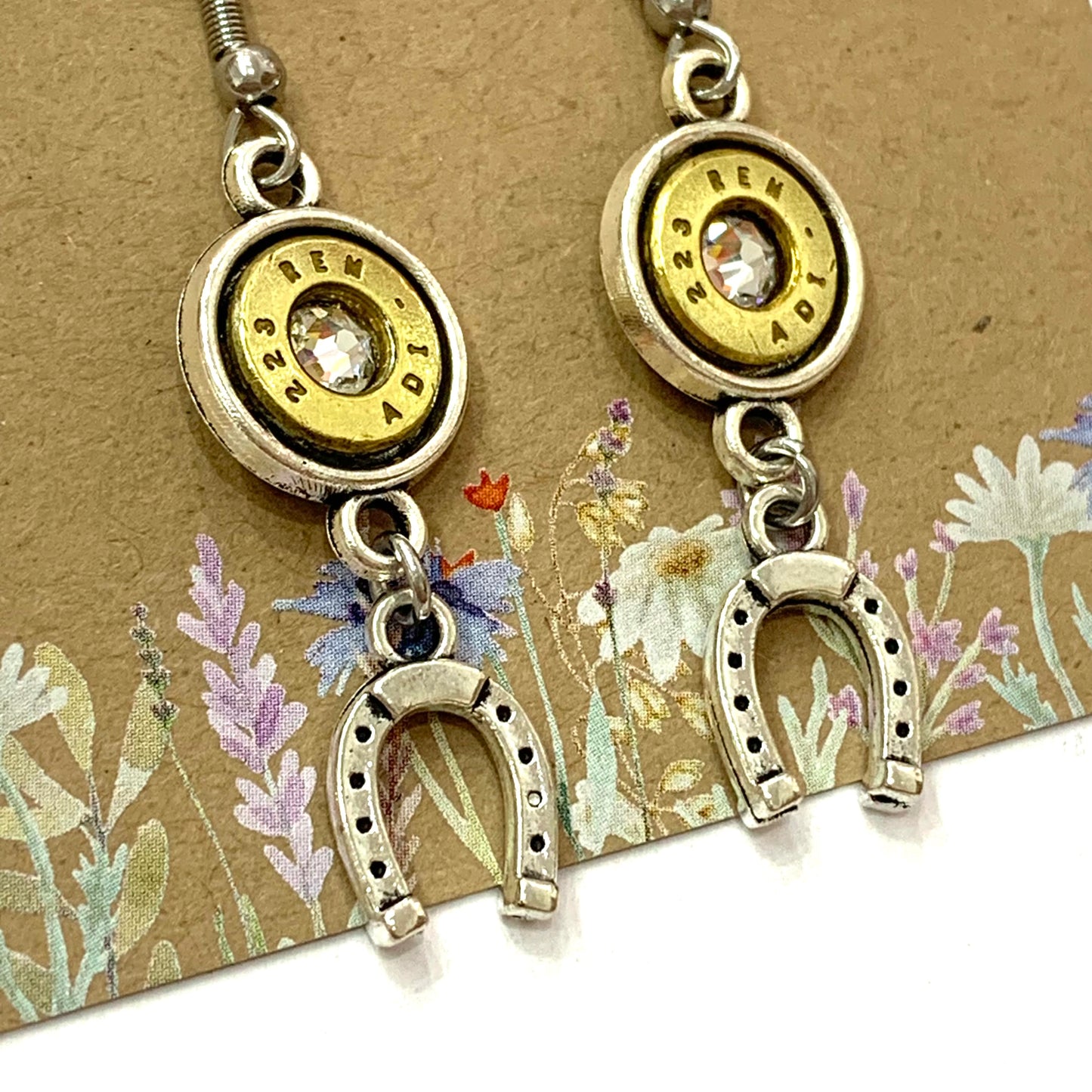 WILD BRASS- Charm Drops- Horseshoe with Clear Swarovski Crystals