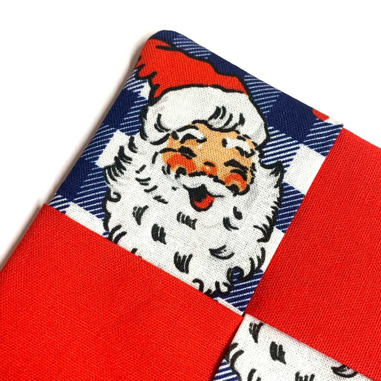 MUMMA WHOOPEE- SINGLE CHRISTMAS WINE GLASS SLIPPER/COASTERS- Blue Check Santa & Red