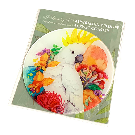 WATERCOLOURS BY CAT- White Cockatoo- Australian Bird Art Coaster