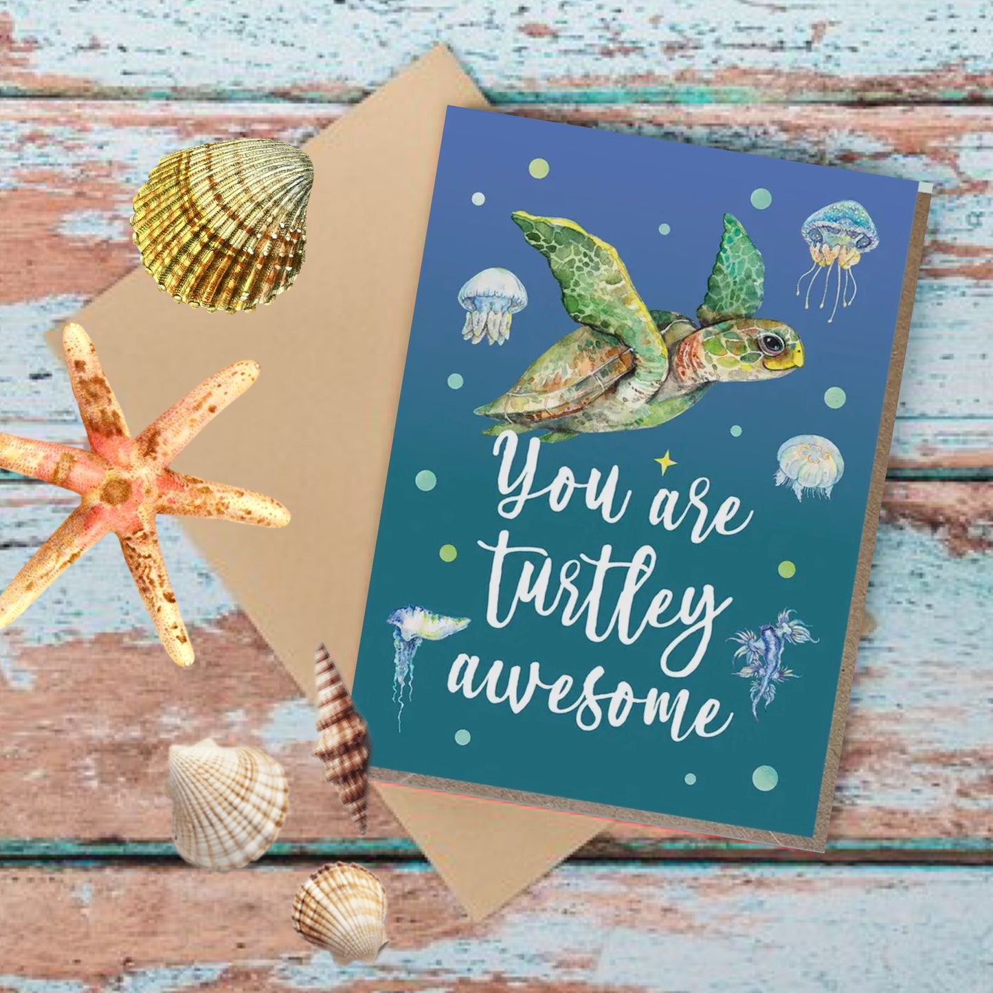 WATERCOLOURS BY CAT- Turtley Awesome Greeting Card- Turtle & Jellyfish