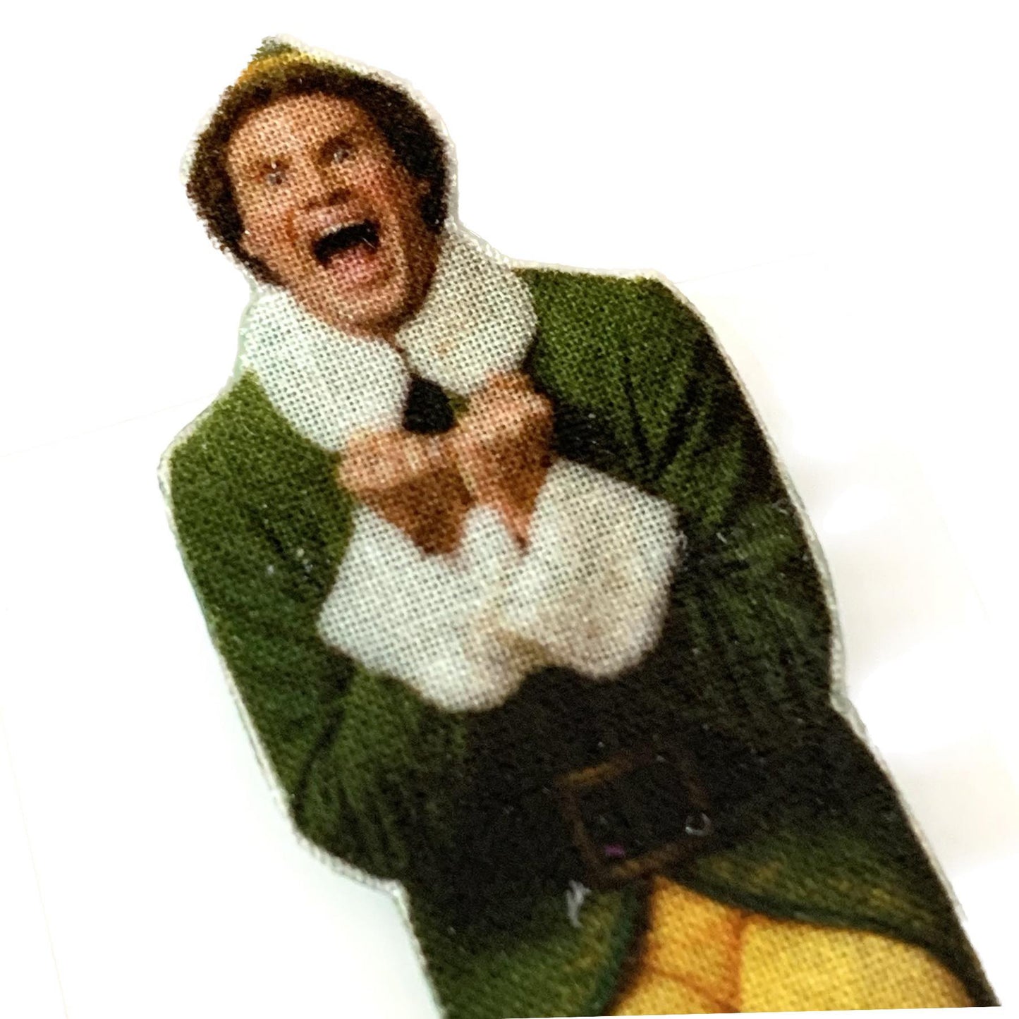 THIS BIRD HAS FLOWN- Excited "Buddy the Elf" Fabric Remnant Christmas Brooches