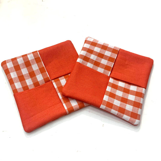 MUMMA WHOOPEE- single  WINE GLASS SLIPPER/COASTERS- Orange Gingham