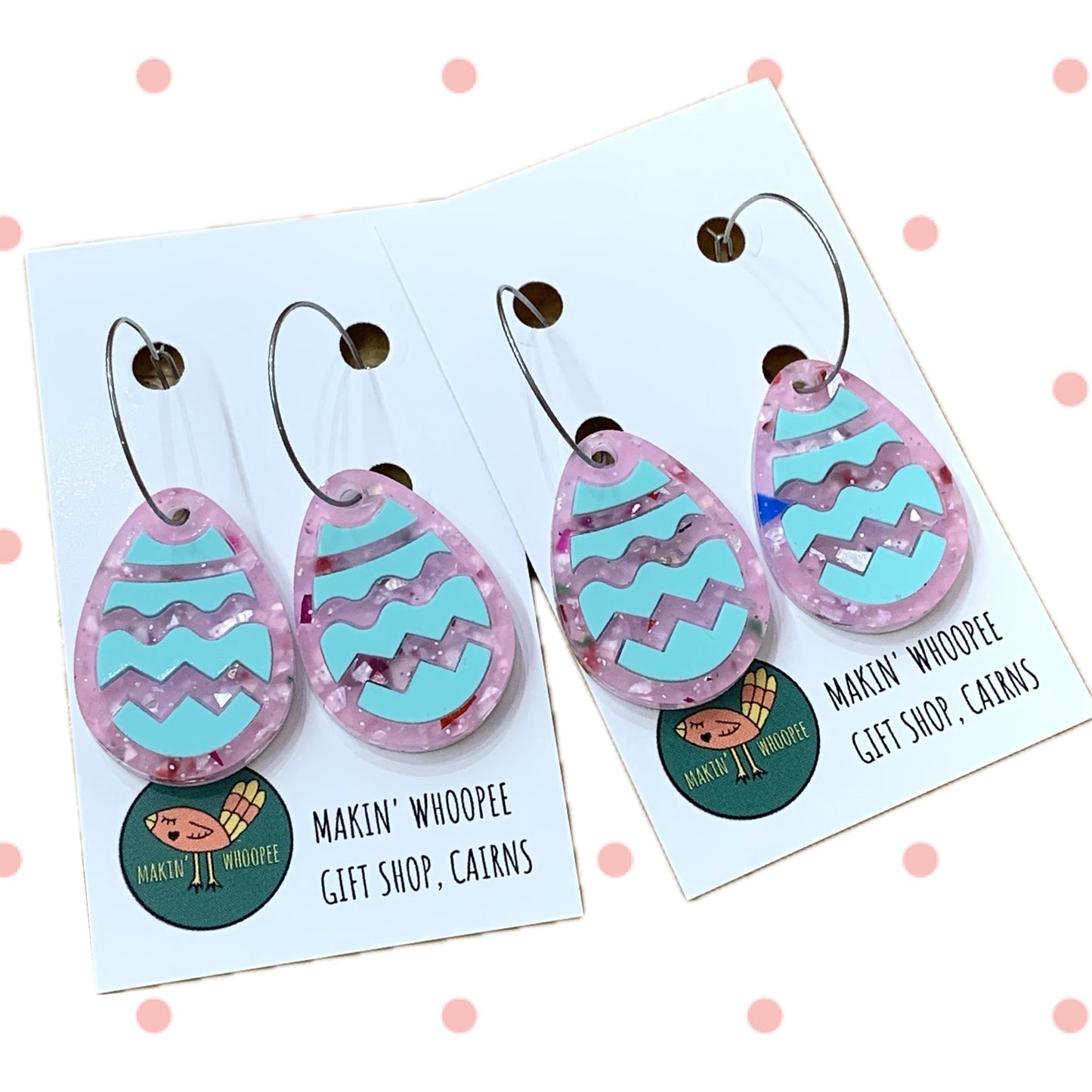 MAKIN' WHOOPEE - "Stacked Easter Egg" HOOP DANGLE EARRINGS - Pink & Mint