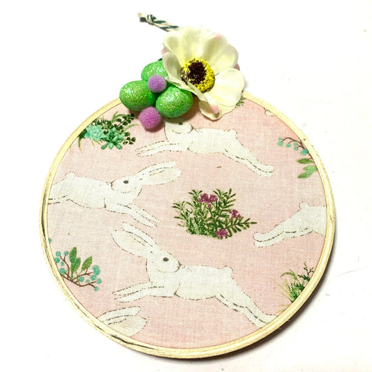 THIS BIRD HAS FLOWN- "Bounding Bunnies" Small Embroidery Hoop Easter Decoration