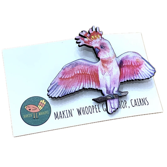 MAKIN' WHOOPEE BROOCH - Pink Cockatoo - Printed Timber Brooch