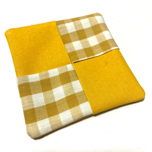 MUMMA WHOOPEE- SINGLE WINE GLASS SLIPPER/COASTERS- Mustard Gingham